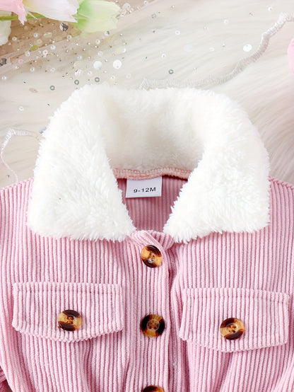 Baby's Elegant Fuzzy Collar Corduroy Long Sleeve Dress + Hat + Belt, Infant & Toddler Girl's Dress For Daily Wear/Holiday/Party, As Gift