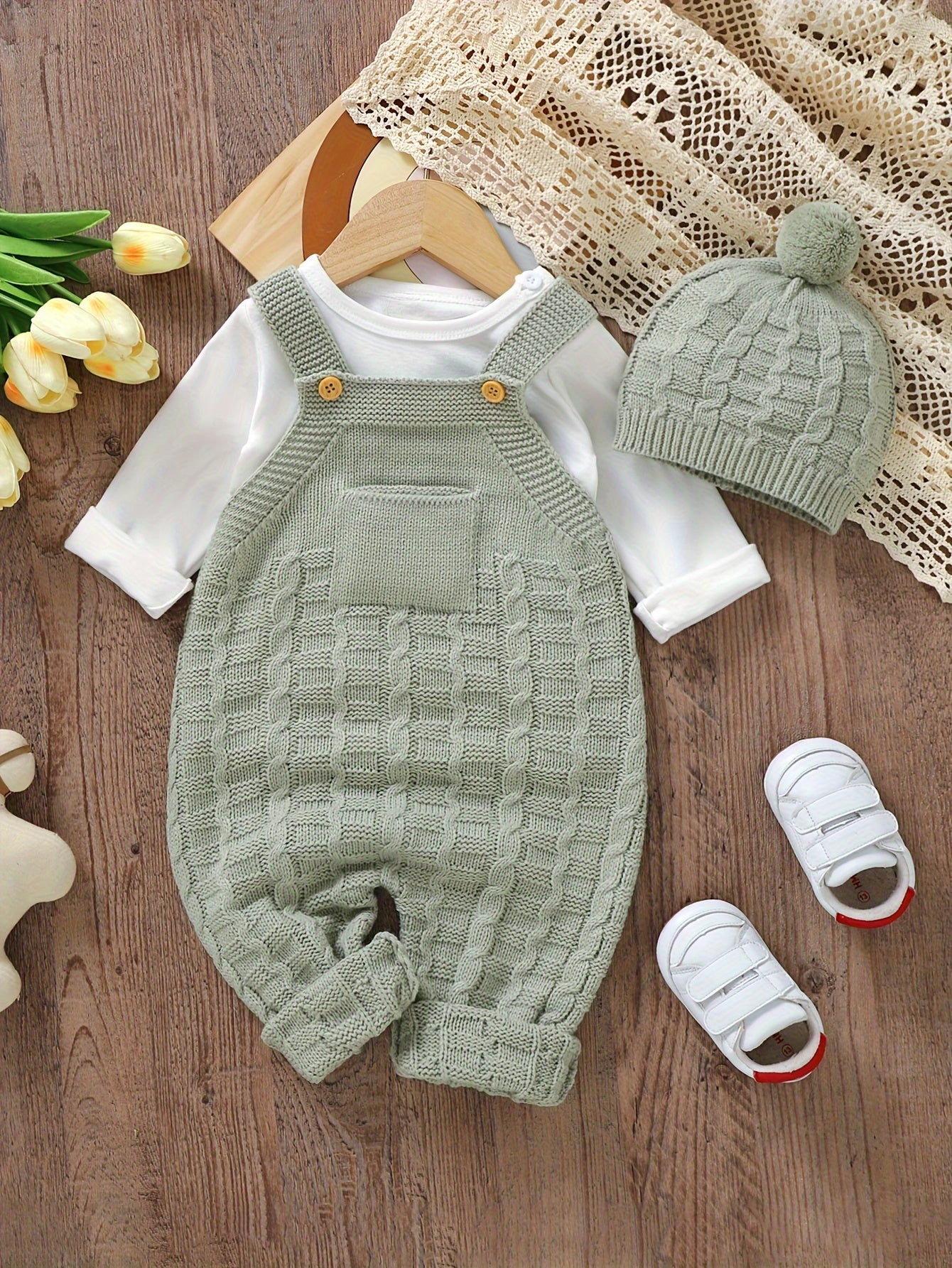 Infant Baby Knitted Suspender Jumpsuit, Long Legs Climbing Suit With Hat Set, Unlined, Suitable For Indoor And Outdoor Wear