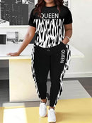 Plus Size Queen Letter Print Two-piece Set, Crew Neck Short Sleeve Top & Pants Outfits, Women's Plus Size Clothing