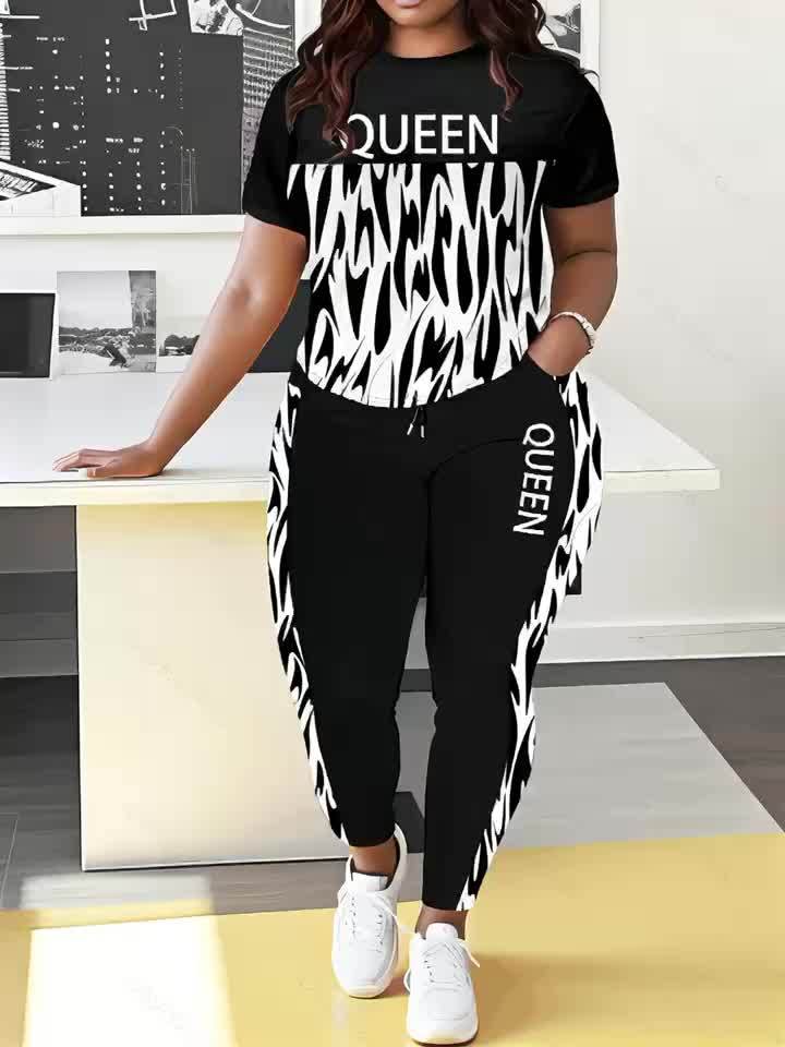 Plus Size Queen Letter Print Two-piece Set, Crew Neck Short Sleeve Top & Pants Outfits, Women's Plus Size Clothing