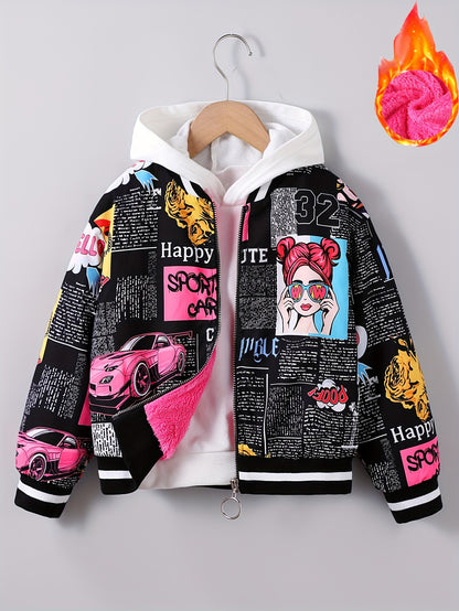 Chaqueta bomber con forro polar y estampado pop art para niña: abrigo informal con cremallera estilo béisbol para otoño/invierno, tallas 130-170