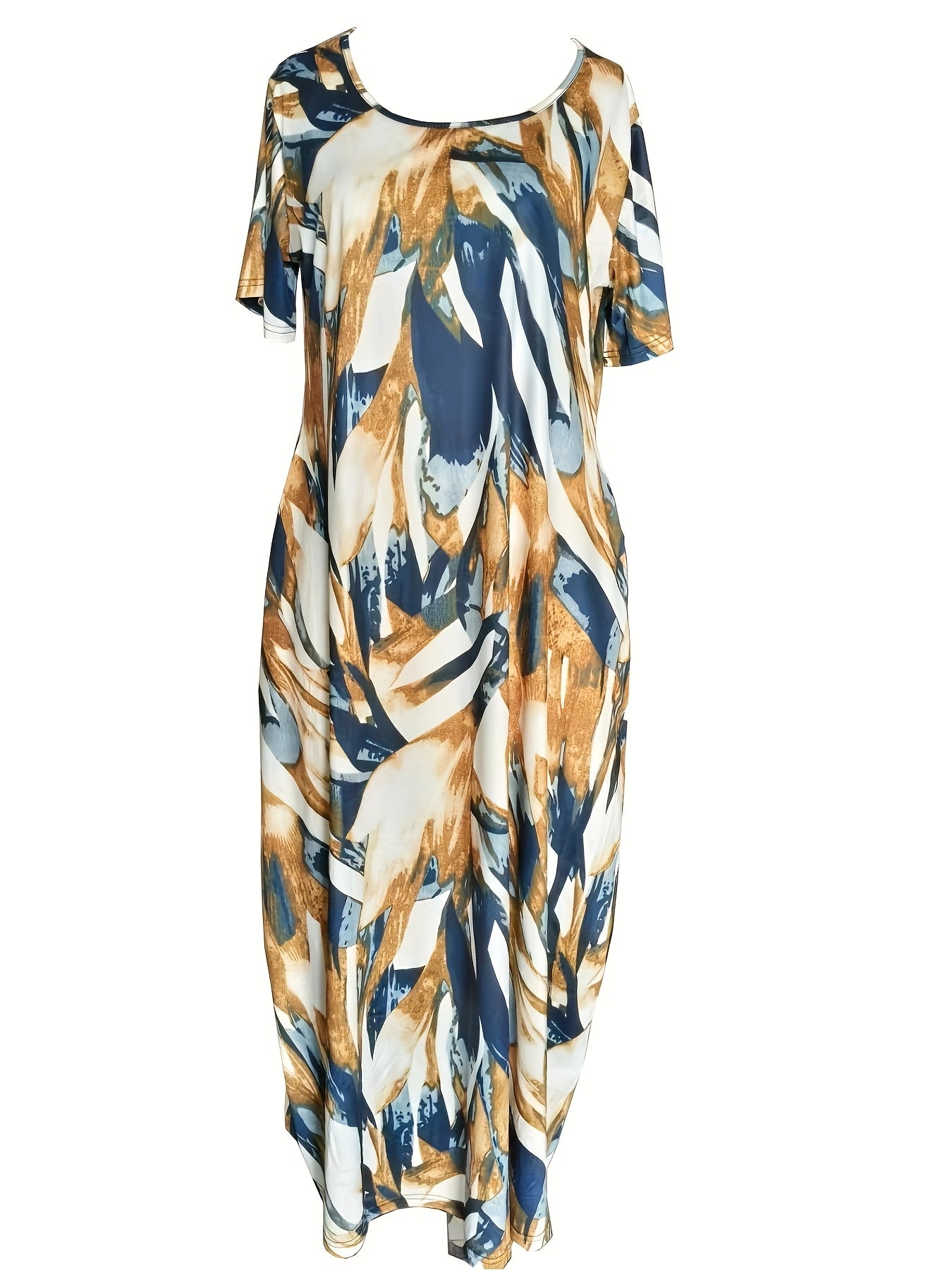 [1pc Plus Size Geometric Print Maxi Dress] 1pc Plus Size Geometric Print Maxi Dress, Stretchy Polyester Knit, Round Neck, Short Sleeve, Casual Loose Fit with Pockets, All-Season Versatile Style