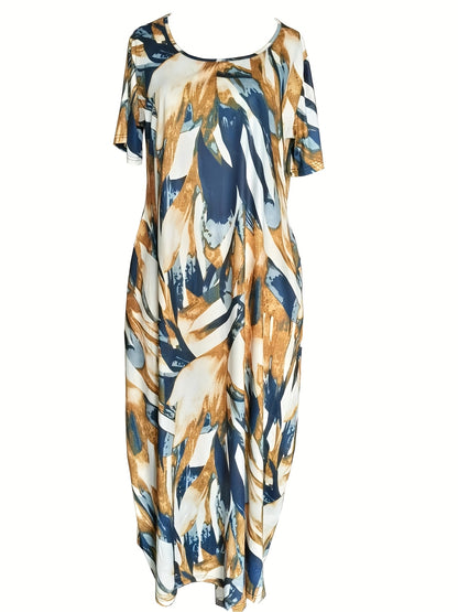 [1pc Plus Size Geometric Print Maxi Dress] 1pc Plus Size Geometric Print Maxi Dress, Stretchy Polyester Knit, Round Neck, Short Sleeve, Casual Loose Fit with Pockets, All-Season Versatile Style