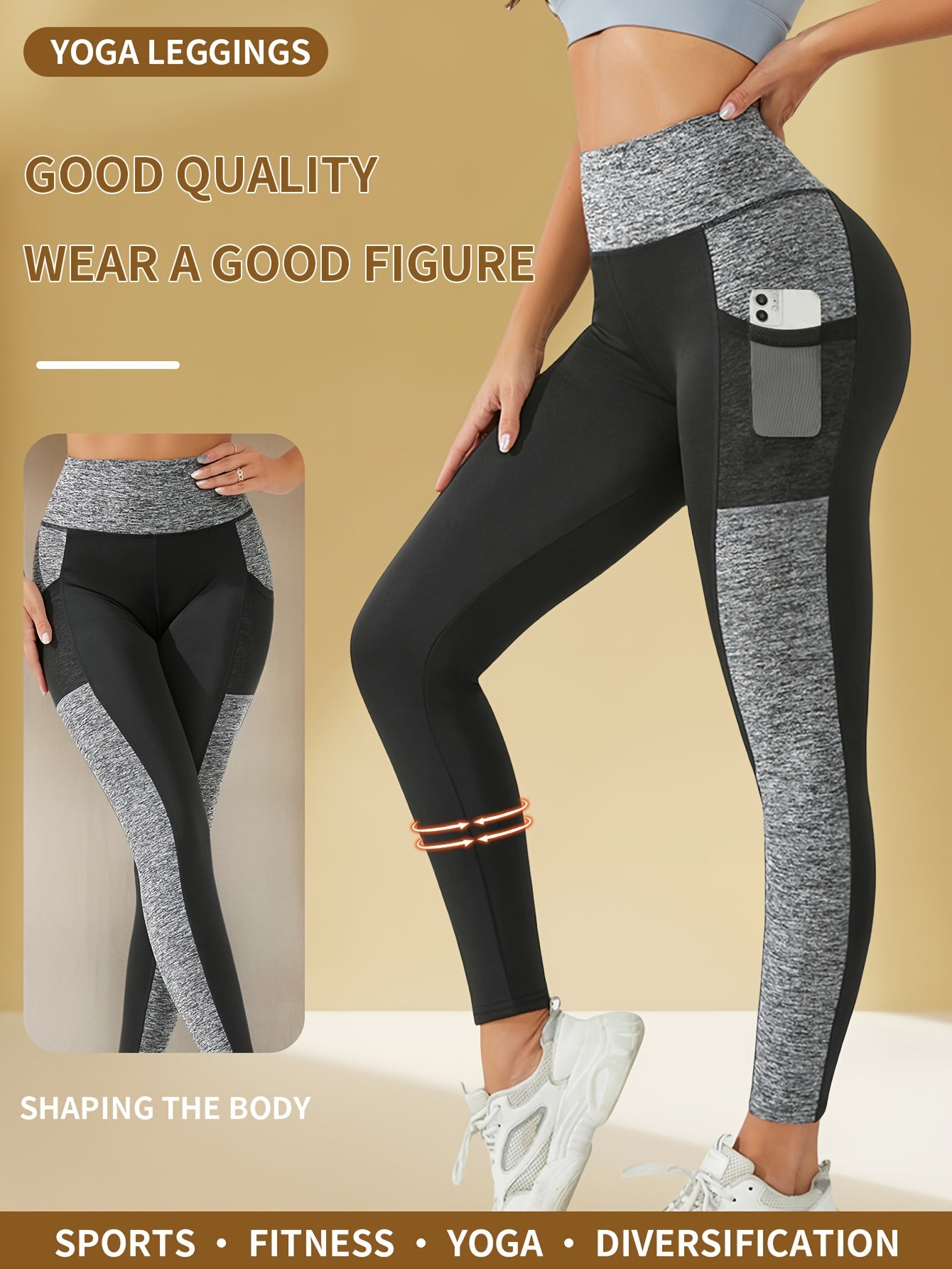 [1pc Women'S High Waist Yoga Leggings] 1pc Women'S High Waist Yoga Leggings with Contrast Color Pocket, Soft Stretchable Polyester Knit Sports Pants, Breathable Activewear for All Seasons