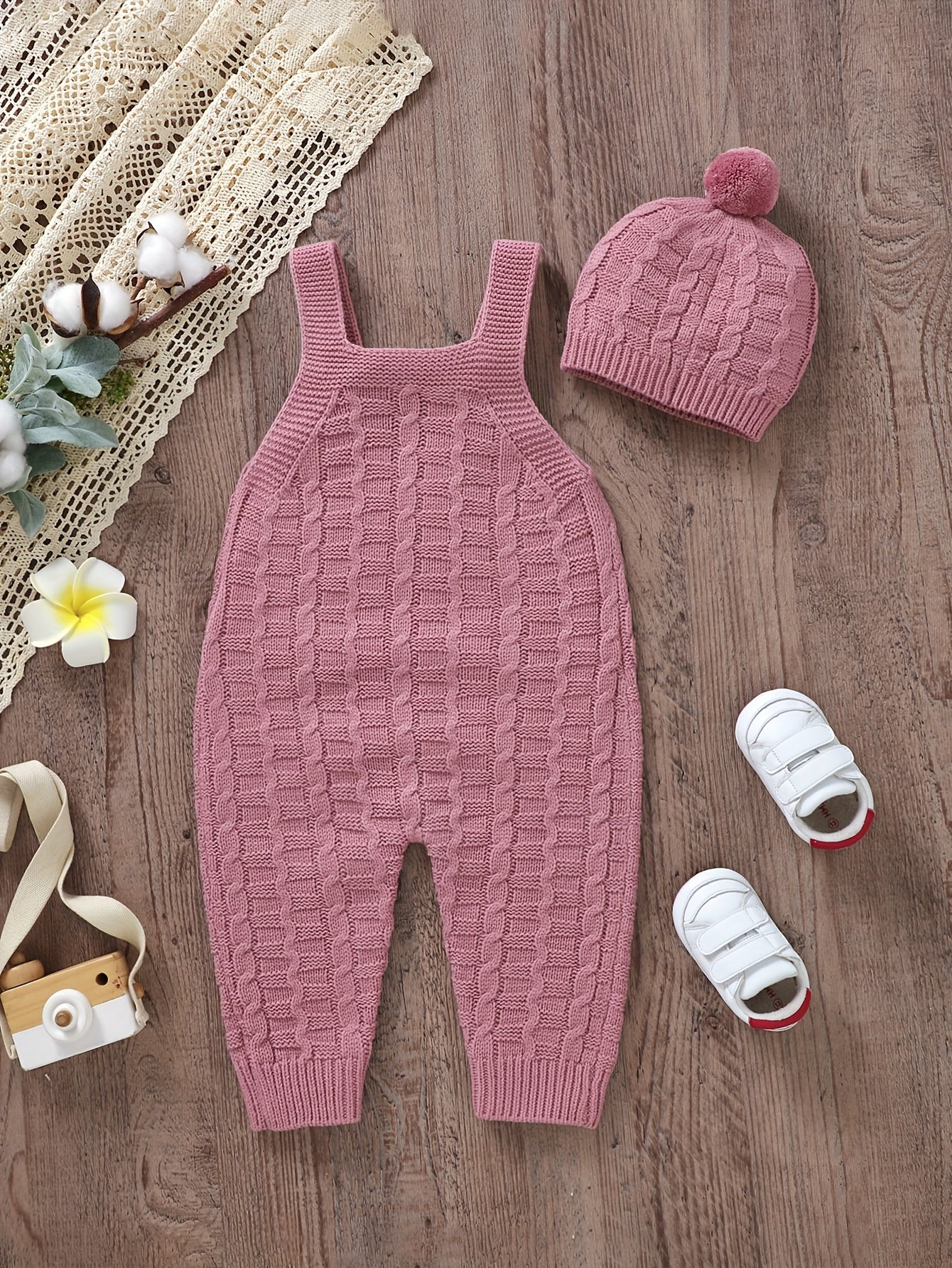 Infant Baby Knitted Suspender Jumpsuit, Long Legs Climbing Suit With Hat Set, Unlined, Suitable For Indoor And Outdoor Wear