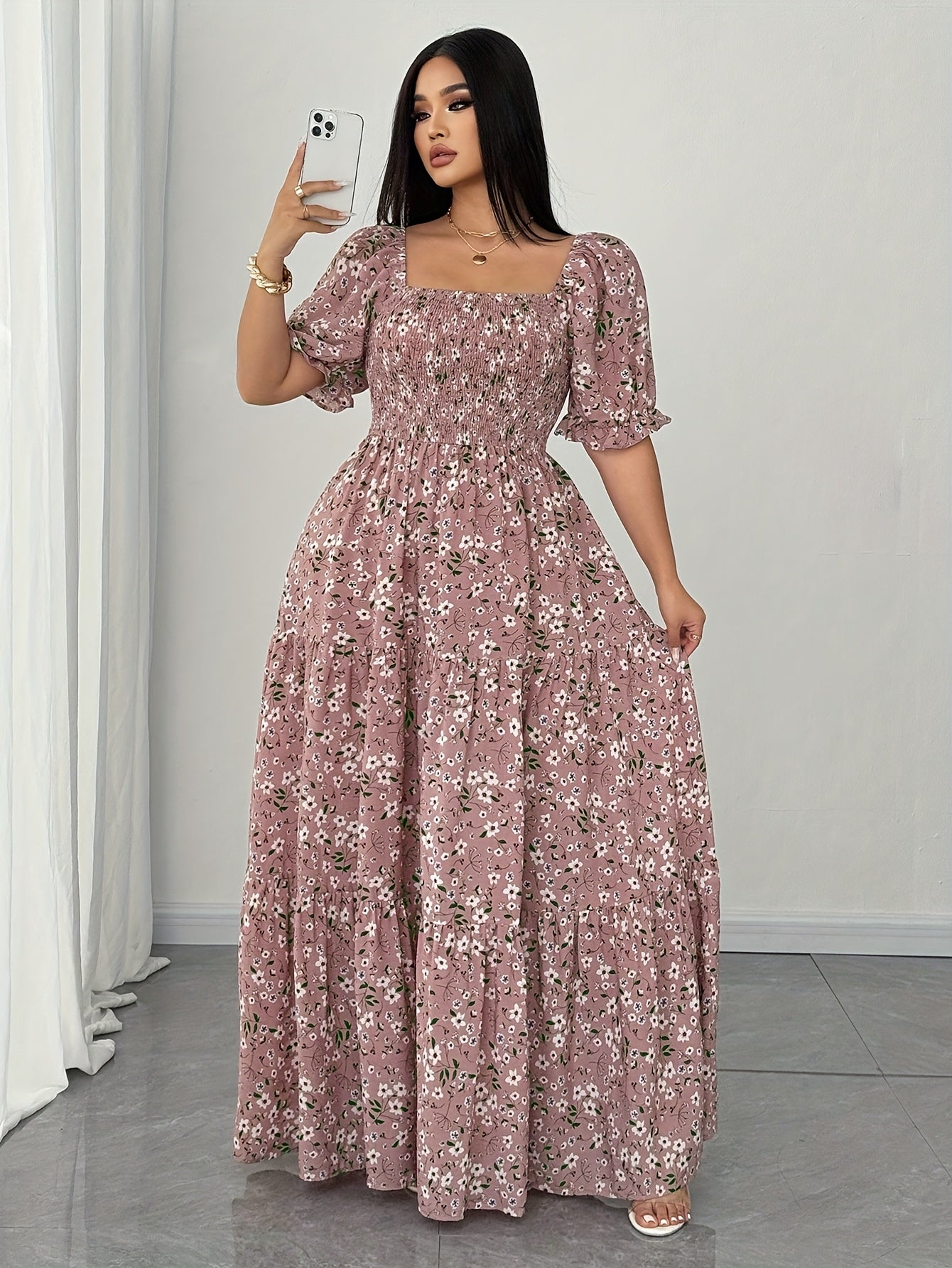 Women's Summer Square Neck Elastic Waist Floral Print Puff Sleeve A-Line Maxi Dress - Lightweight Breathable Machine Washable Plus Size Flowy Long Dress for Beach Vacation & Casual Outings, Beach Dresses