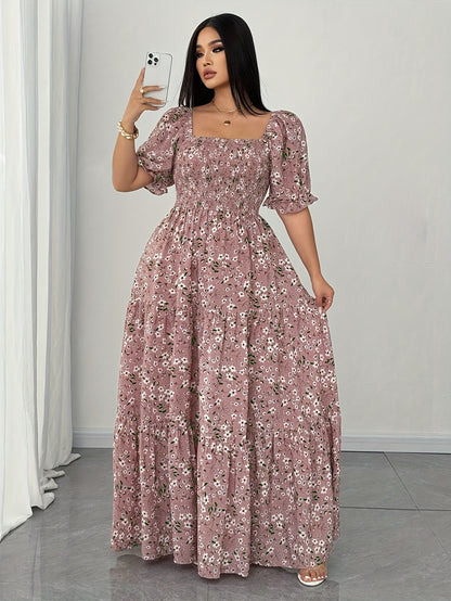 Women's Summer Square Neck Elastic Waist Floral Print Puff Sleeve A-Line Maxi Dress - Lightweight Breathable Machine Washable Plus Size Flowy Long Dress for Beach Vacation & Casual Outings, Beach Dresses