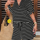 Summer New Arrival Plus Size Women's V-Neck Striped Top and Shorts Set