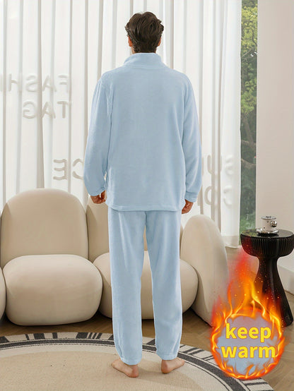 Conjunto de pijama de hombre con camiseta y pantalón de franela con bordado de letras, cuello alto, cremallera y manga larga para otoño e invierno.