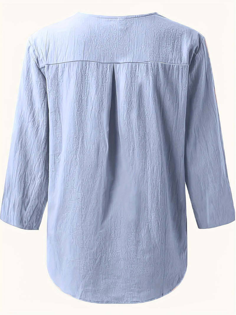 V-Neck Button-Up Top - Loose Fit Solid Color Pullover, Fashionable Casual V-Neck Shirt for Women, Relaxed Fit, Non-Stretch Cotton Linen Blouse
