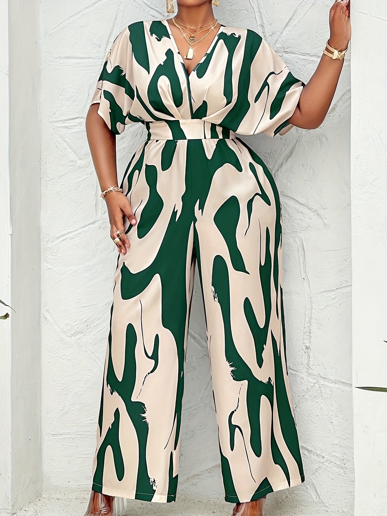 Plus Size, Women's Plus Size Batwing Sleeve Belted Print Jumpsuit