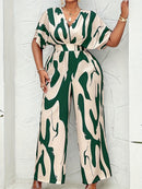 Plus Size, Women's Plus Size Batwing Sleeve Belted Print Jumpsuit