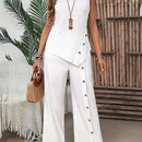 Women's Summer Irregular Hem Buttonless Sleeveless Shirt and Loose Straight Pants Set
