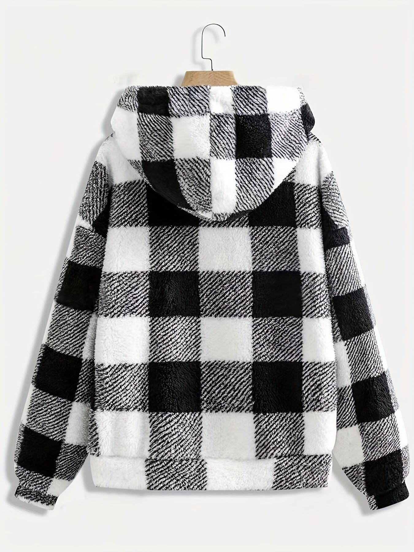 Plaid Pattern Drawstring Hooded Teddy Coat, Casual Pockets Long Sleeve Thermal Fuzzy Outwear For Fall & Winter, Women's Clothing