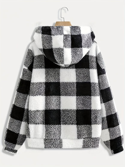 Plaid Pattern Drawstring Hooded Teddy Coat, Casual Pockets Long Sleeve Thermal Fuzzy Outwear For Fall & Winter, Women's Clothing