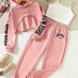 Girls' 3pcs Fashion Outfit, Short Hoodie and Tank Top with Athletic Pants Set, New York Print Casual Long Sleeve Top, Kids Spring/Summer/Autumn/Winter Clothing, Knitted Fabric, Stretchy, Letter Pattern, Regular Fit, Polyester