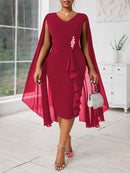Plus Size, Women's Fashionable and Elegant Batwing Sleeve Mesh Splicing Plus Size Wrap Dress