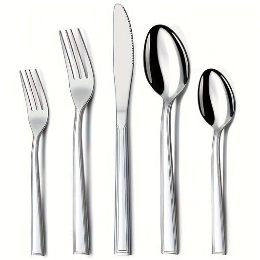 60pcs/set Stainless Steel Tableware Set For 12 People With Knives, Forks, And Spoons. Ideal For Restaurants, Parties, Weddings, Classic Strip Craftsmanship. Ergonomic Handles And High Quality Design. Comfortable Grip. Washabl