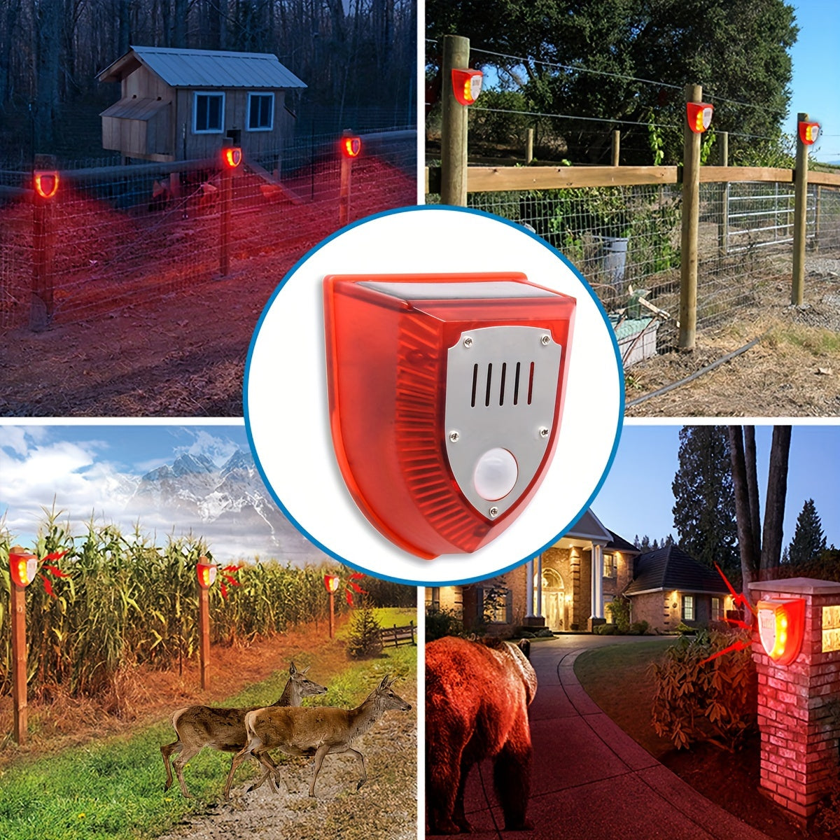 Alarma de seguridad solar para exteriores de 129 dB con sonido de perro ladrando y disparos, luz estroboscópica de advertencia para casa y jardín.