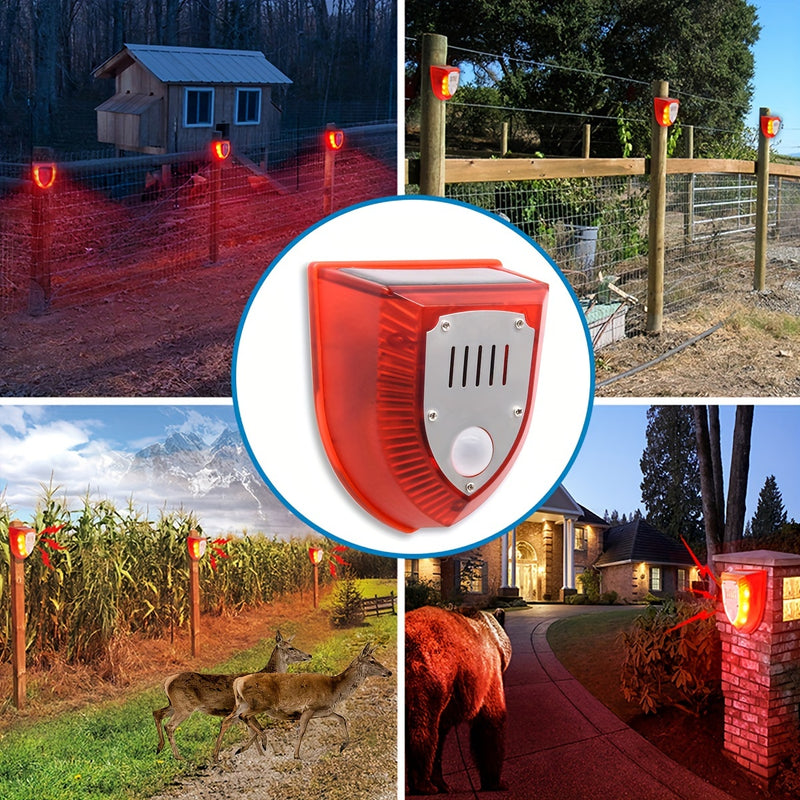 Alarma de seguridad solar para exteriores de 129 dB con sonido de perro ladrando y disparos, luz estroboscópica de advertencia para casa y jardín.