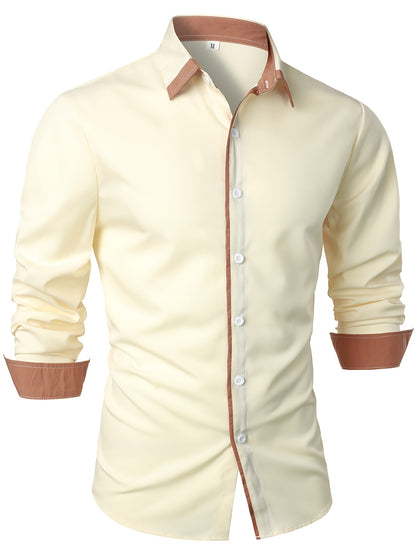 Mature Style Men's Casual Trim Contrast Button Long Sleeve Shirt, Spring Fall