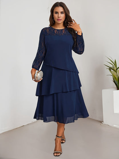 Vestido midi elegante de talla grande, poliéster, cuello redondo, manga larga, corte entallado y acampanado, con detalle de encaje en contraste, para primavera/otoño.