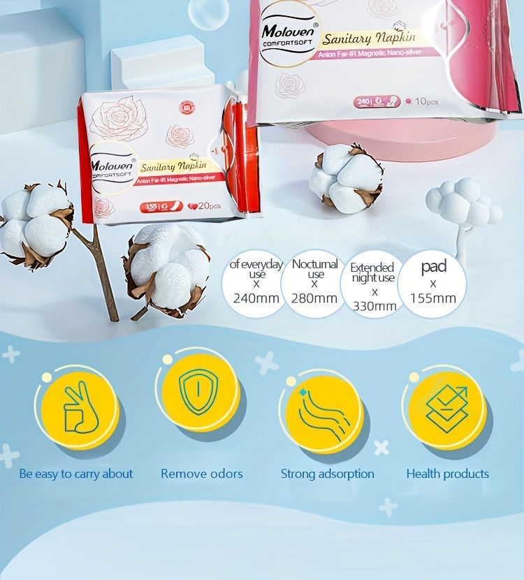 6-Pack Moloven Women'S Sanitary Napkins, 60/56pcs, Ultra-Thin Wings, Soft Comfort, Overnight Absorbent Menstrual Protection, Fragrance-Free, Disposable, Travel Size, Woven Fabric, Non-Woven Material, Pad Format