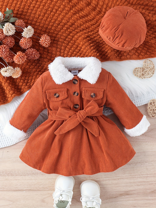 Conjunto de 3 piezas de ropa para niña pequeña, vestido de moda de manga larga con cuello de piel, color liso, sombrero y cinturón.