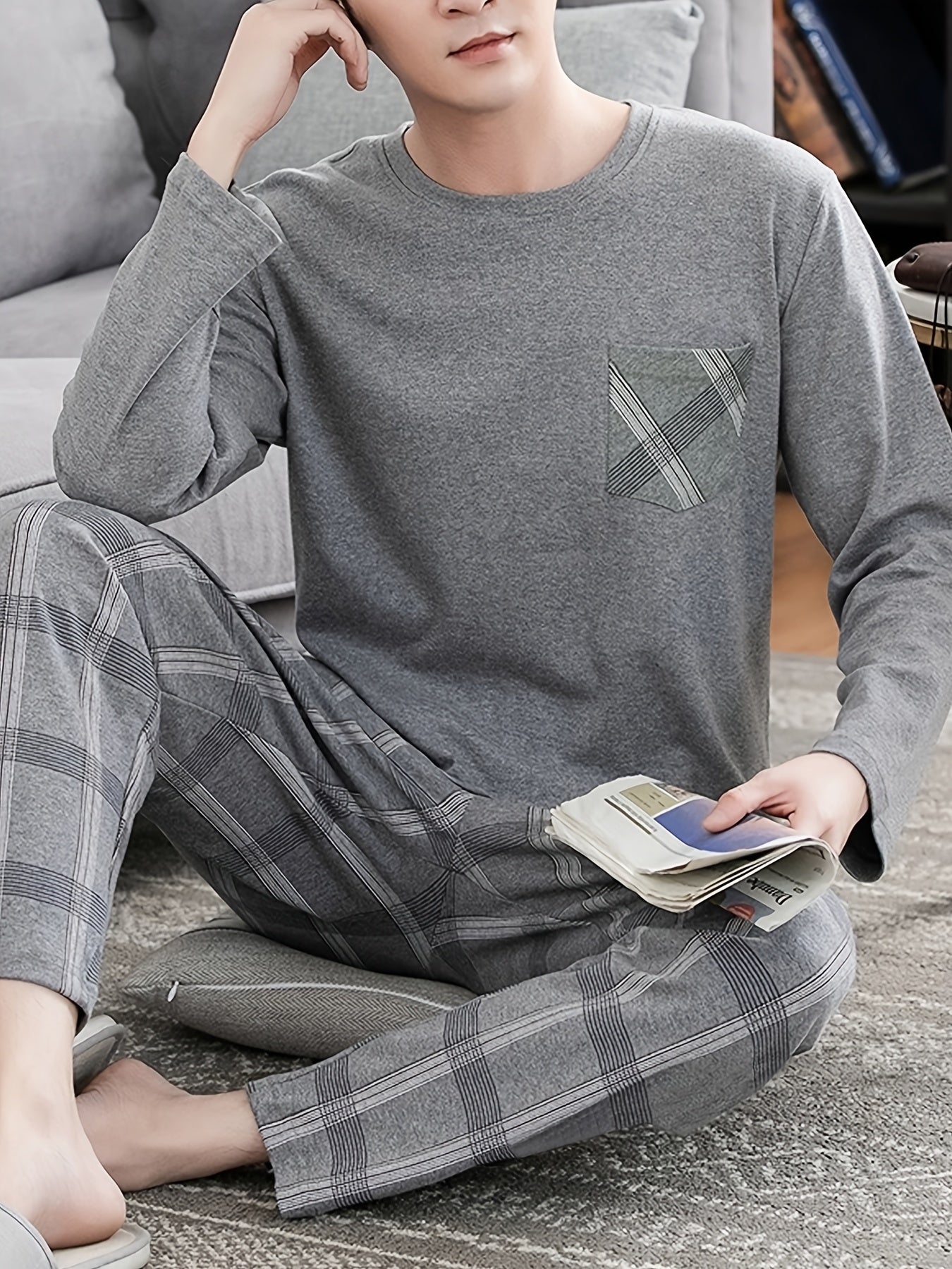 Men's Cozy Gray Long Sleeve Round Neck Top with Plaid Pants Pajama Set - Polyester, Machine Washable, Ideal for Home or Outdoor Wear