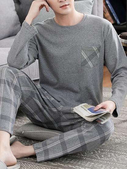 Men's Cozy Gray Long Sleeve Round Neck Top with Plaid Pants Pajama Set - Polyester, Machine Washable, Ideal for Home or Outdoor Wear