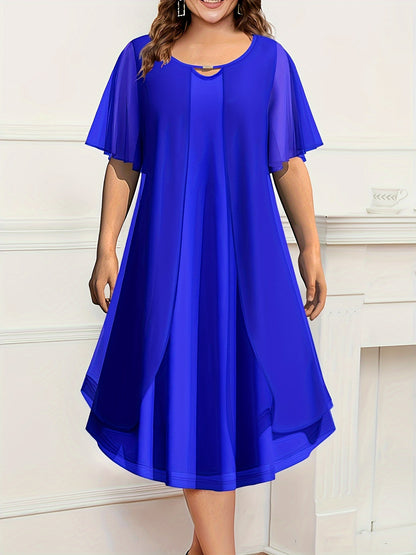 Elegant Plus Size Chiffon-Look Dress for Women - Crew Neck, Short Sleeve with Metallic Detail, Perfect for Spring/Summer/Fall