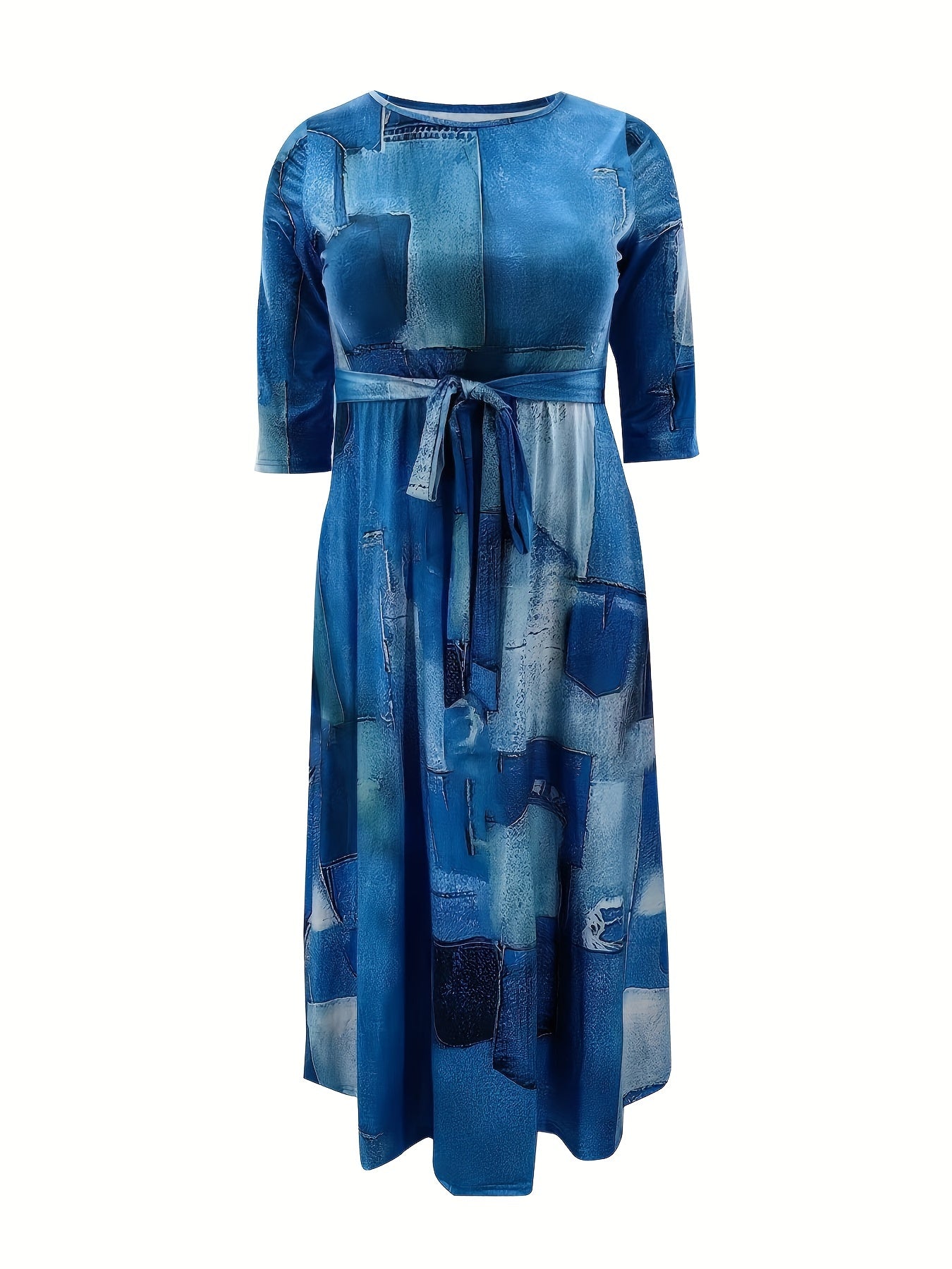 Elegante vestido de poliéster de talla grande con cinturón: cuello redondo elástico cómodo, estilo informal para el fin de semana, dobladillo recto, silueta grande con bolsillos, manga corta, tejido de punto jersey para primavera, verano y otoño.