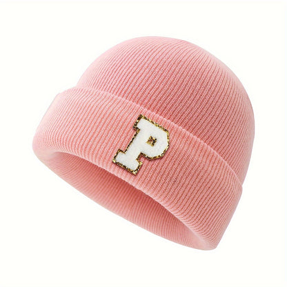 1pc Children's Knitted Hat with 26 Alphabet Letters, Pink Acrylic Stretchable Cap for Toddlers, Hand Washable, Breathable, Daily & Casual Wear, Perfect for Birthday Occasion