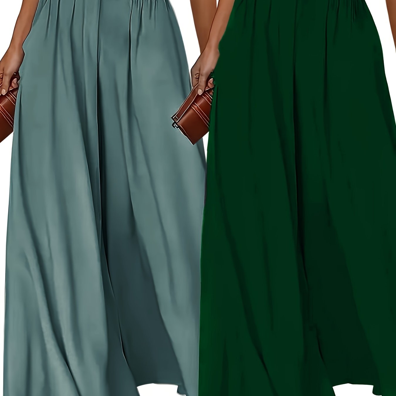 Plus Size - 2pcs Plus Size Wide-Leg Culottes - Casual High-Waist Pants with Elastic Waistband, Non-Stretch Fabric, Solid Color, Relaxed Fit for Spring/Summer/Fall, Casual Attire|Elastic Waistband Pants|Nonstretch Fabric