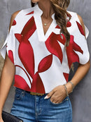 Stylish Women'S V-Neck Blouse - Floral Print, Short Sleeve, Lightweight Polyester, Perfect for Spring/Summer, Red & White Design, Elegant Shirt for Casual or Office Wea