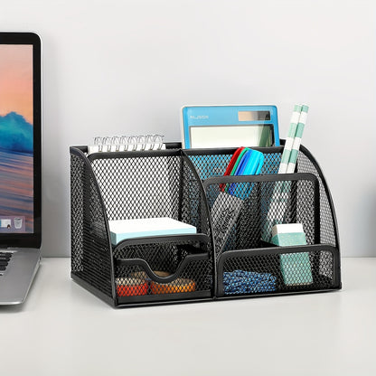 Black Mesh Desk Organizer with 7 Compartments - Large Capacity Pen Holder, Office Supply Caddy, Makeup Brush Storage, Durable Iron Construction, Painted Finish