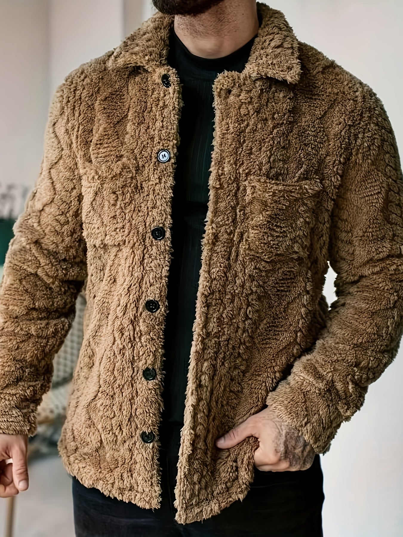 Men's Casual Solid Color Flannel Jacket - Cozy Polyester, Button-Up Outerwear with Pockets, Long Sleeves for Fall & Winter