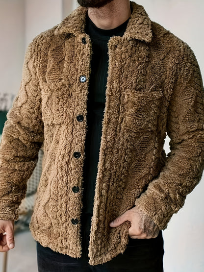 Men's Casual Solid Color Flannel Jacket - Cozy Polyester, Button-Up Outerwear with Pockets, Long Sleeves for Fall & Winter