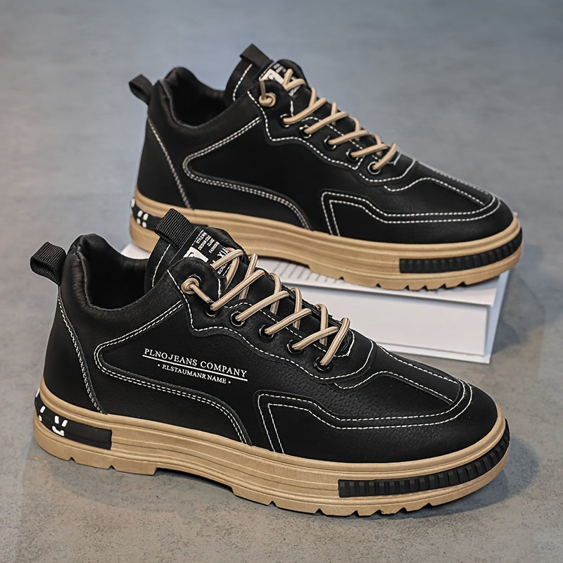 1pc Men's Lace-Up Sneakers - Casual/Retro/Street Style, All-Season, Solid Color, Breathable Low-Top Shoes with PU Upper, Fabric Lining, PVC Sole, Cloth Insole, Round Toe, for Daily & Outdoor Activities / Construction Work, Me