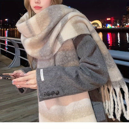 1 Elegant Maillard-Inspired Striped Chunky Knit Scarf for Women - Cozy Thickened Fleece Blend, Versatile Shawl with Tassels - Warm, Windproof & Decorative for Winter Outings - Cream and Gray