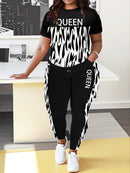 Plus Size Queen Letter Print Two-piece Set, Crew Neck Short Sleeve Top & Pants Outfits, Women's Plus Size Clothing