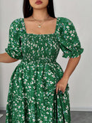 Women's Summer Square Neck Elastic Waist Floral Print Puff Sleeve A-Line Maxi Dress - Lightweight Breathable Machine Washable Plus Size Flowy Long Dress for Beach Vacation & Casual Outings, Beach Dresses