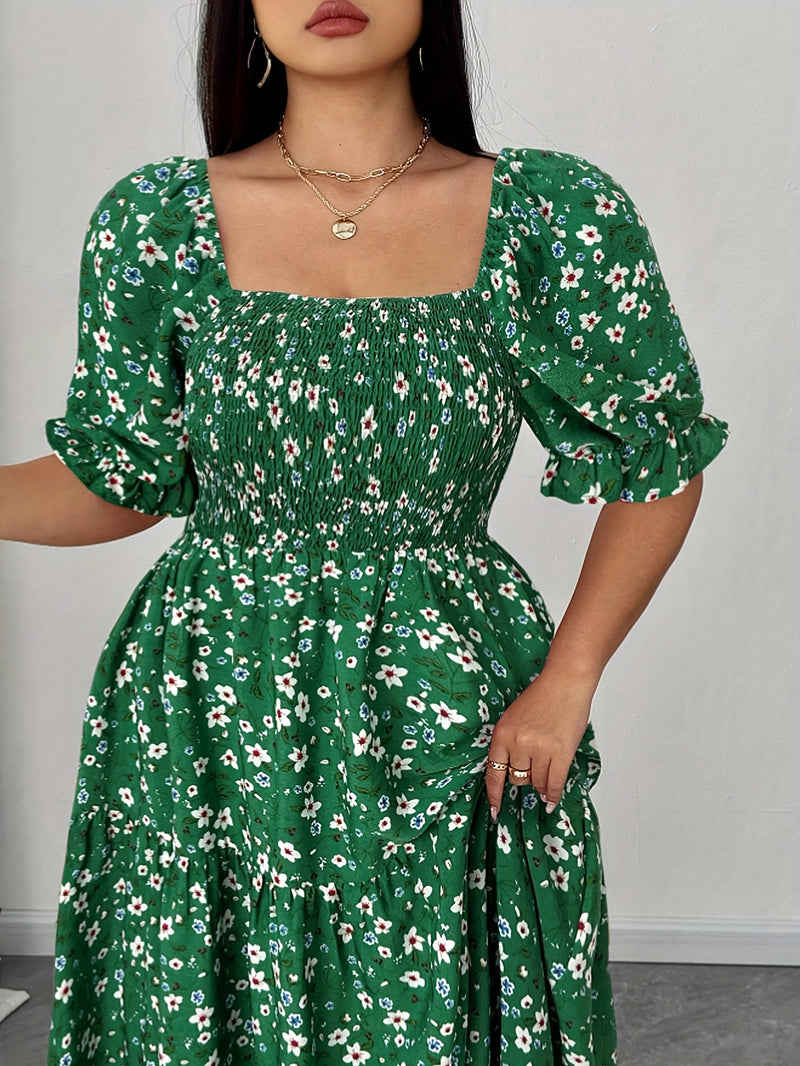 Women's Summer Square Neck Elastic Waist Floral Print Puff Sleeve A-Line Maxi Dress - Lightweight Breathable Machine Washable Plus Size Flowy Long Dress for Beach Vacation & Casual Outings, Beach Dresses