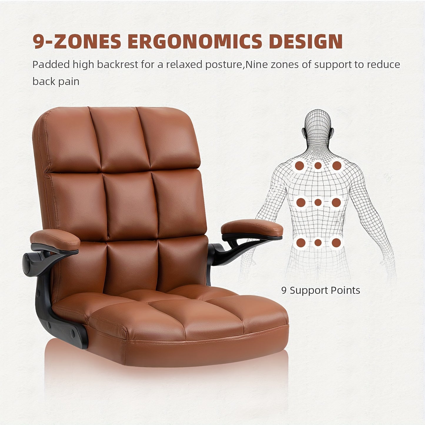 Ergonomic Executive Office Chair with Armrests - PU Synthetic Leather Swivel Desk Chair with Adjustable Height, Head Support, 9-Zone Comfort Design, Wood Frame, and Sponge Cushioning - Home and Office Task Chair with Casters