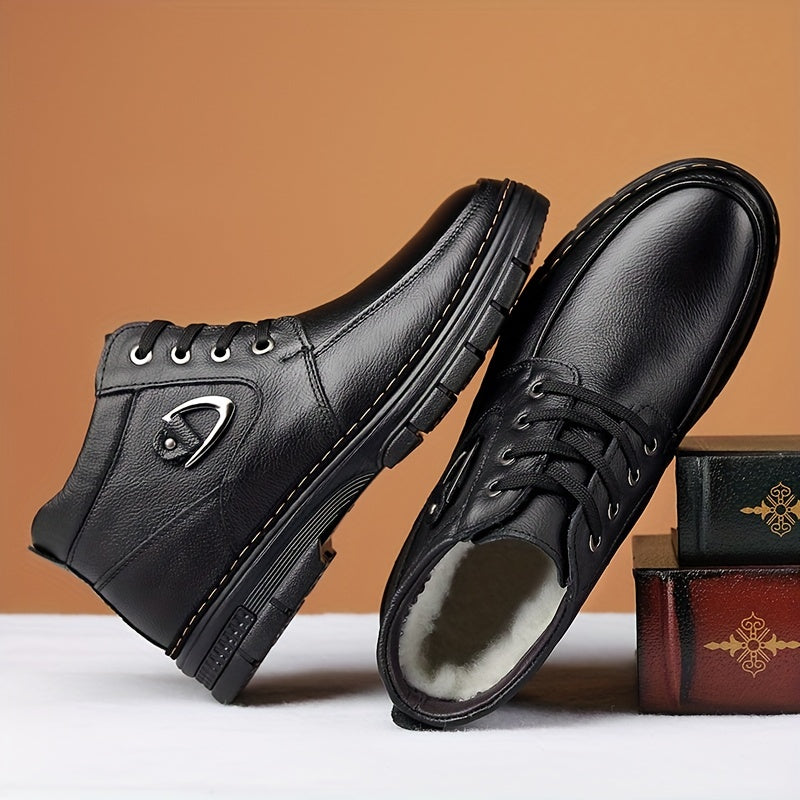 Botas de cuero para hombre, calzado térmico de invierno, botas de senderismo cortavientos con forro afelpado