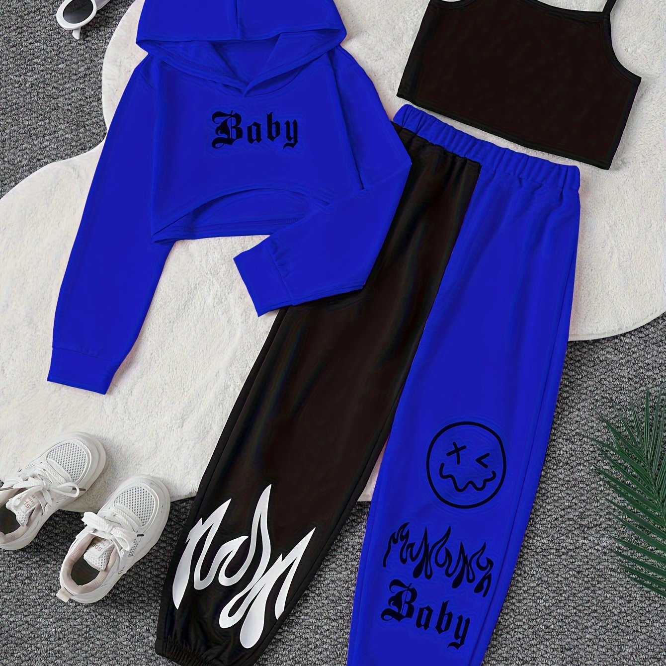Color Clash 3pcs Girls casual outdoor clothing Set, Long Sleeve Crop Hoodie Top + Camisole + Trousers - Spring/Fall Clothes, Casual Outfit, Gift