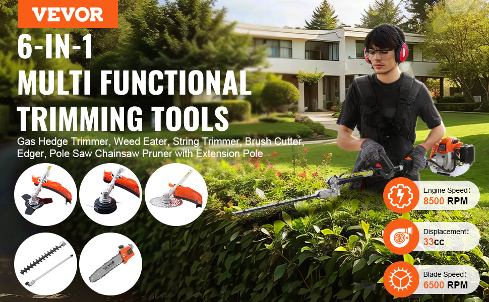 VEVOR 33CC 6-in-1 Multi-Functional Trimming Tool Gas Hedge Trimmer/Weed Eater/Brush Cutter/Pole Chainsaw Pruner w/Extension Pole
