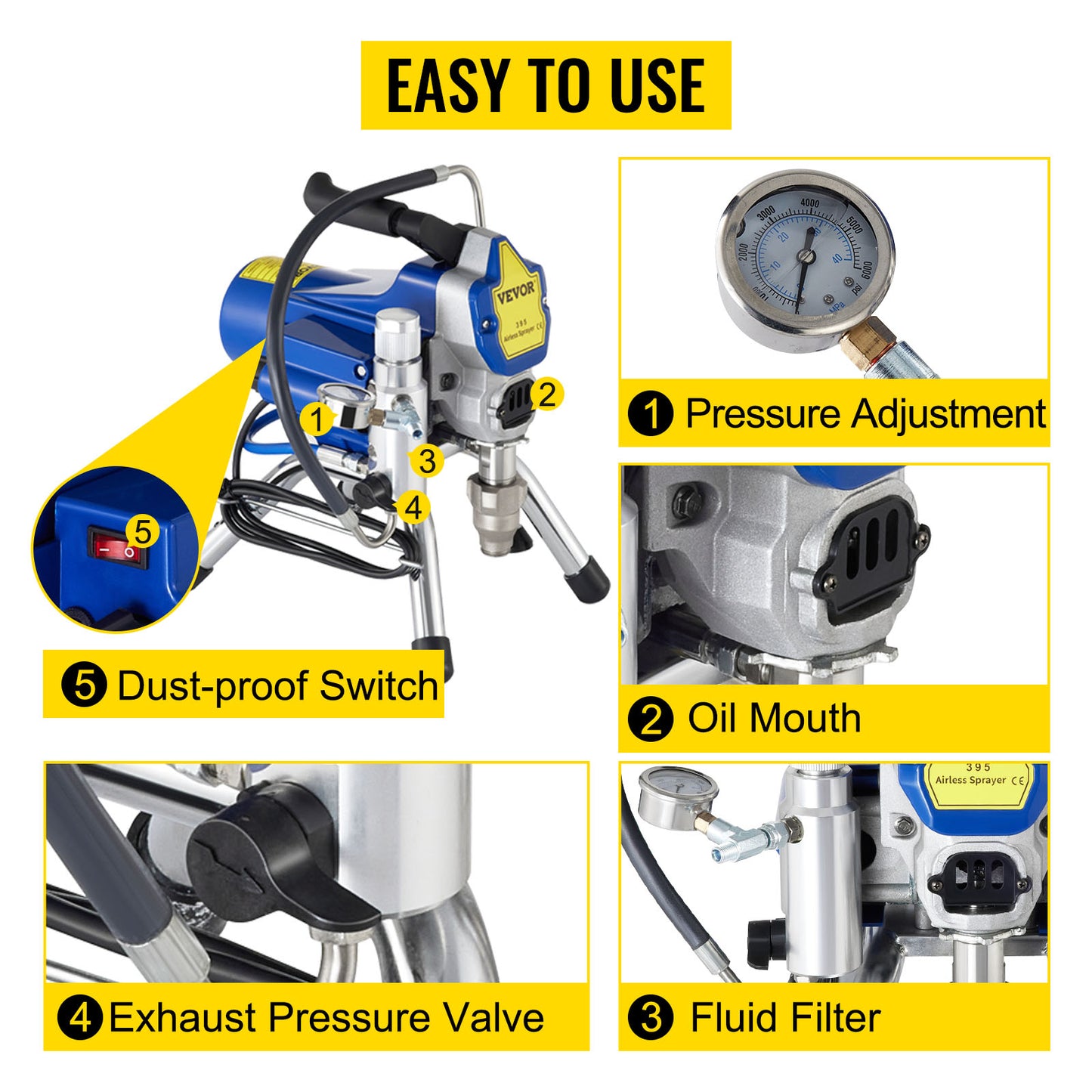 VEVOR Airless Spraying Machine Professional Ultra Silent Wall Paint Spray Gun 3000PSI-Pressure 2.5L/Minute-NoLoad Displacement