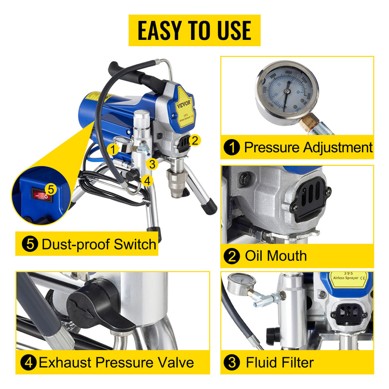 VEVOR Airless Spraying Machine Professional Ultra Silent Wall Paint Spray Gun 3000PSI-Pressure 2.5L/Minute-NoLoad Displacement