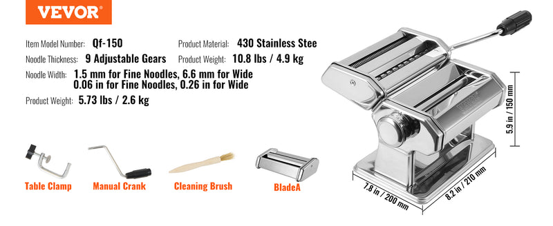 VEVOR Manual Pasta Maker Machine Set Stainless Steel Slicer Fresh Noodle Rollers Cutter Home-Appliance